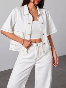 SHEIN PETITE 女款短袖單排扣休閒寬鬆牛仔襯衫 - 白色 - 查看 2