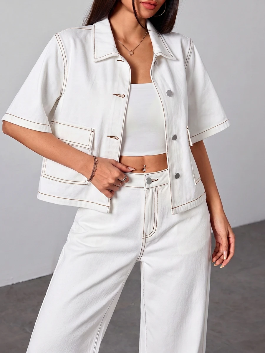SHEIN PETITE 女款短袖單排扣休閒寬鬆牛仔襯衫