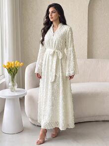 Al Najma Women's Elegant Solid Color Bell Sleeve Arabian Dress - Apricot - View 4