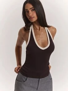 SHEIN BAE 女款修身休閒掛脖V領飾邊背心上衣 - 咖啡棕 - 查看 5