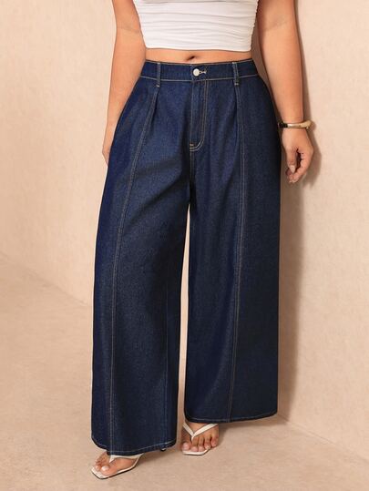 Elaquor Jean en denim délavé à jambes larges décontracté grande taille
