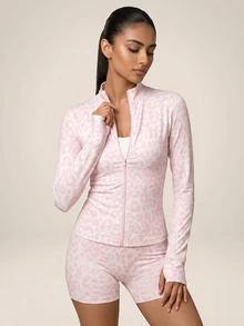 SHEIN BAE Women Pink Leopard Print Zip Up Cropped Athletic Jacket Long Sleeve Slim Fit Gym Workout Training Running Activewear - Baby Pink - View 4