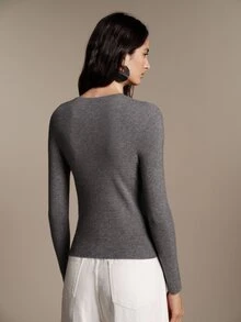 Anewsta Essential Women's Tencel Wool Seamless Knit Top, Slim Fit Basic Sweater, Minimalist Layering Base Layer, Autumn Everyday Home Grey - Grey - View 7