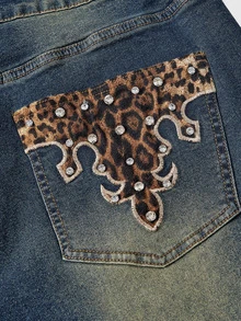 ROMWE Y2K Women's Vintage Leopard Print Applique Rhinestone Flare Jeans Plus Size - Blue - View 2