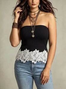 Linhara CURVE Atasan Rajut Tanpa Tali dengan Detail Renda Kontras untuk Wanita Ukuran Plus - Hitam - View 3