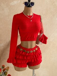 Soleia Women's Holiday Casual Cute Romantic Elegant Long Flare Crop Top And Ruffle Low-Waist Mini Skirt 2 Pieces Set, Beach Everyday Party Autumn - Red - View 5