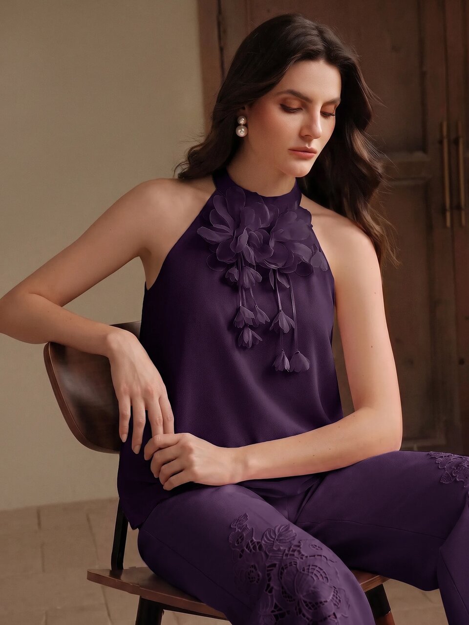 New Women's Halter Neck Sleeveless Chiffon Top With 3D Floral Decor, Elegant Party, Vacation And Beach Outfit, Purple