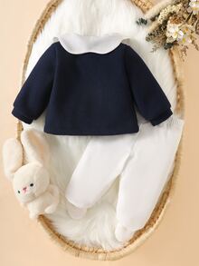 SHEIN 2件組女嬰外套+內搭褲，甜美優雅海軍藍配色，彼得潘領結飾、百褶長袖、波浪領口，適合生日派對、秋季芭蕾、聖誕節 - 寶藍色 - 查看 2