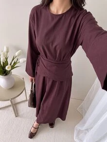 Solavon Women's Solid Color Round Neck Long Sleeve Side Knot Elegant Arabian Dress - Brown - View 5