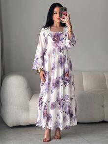 Yasmyna Women's Floral Print Square Neck Bell Sleeve Elegant Arabian Dress - Multicolor - View 6