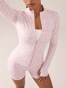 SHEIN BAE Women Pink Leopard Print Zip Up Cropped Athletic Jacket Long Sleeve Slim Fit Gym Workout Training Running Activewear - Baby Pink - View 2