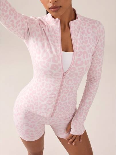 SHEIN BAE Leopard Print Slim Fit Sports Jacket