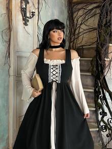 Lyrianda Gaun Cosplay Gaya Eropa-Amerika Model Ikat Bahu Terbuka Lengan Panjang Mengembang Gaya Gothic Ringan Warna Kontras Ukuran Besar untuk Wanita - Hitam dan Putih - View 4