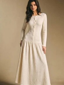 Poéselle 女款純色圓領長袖單排扣休閒洋裝 - 白色 - 查看 5