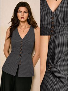 Poéselle Elegant Vintage Tweed Fabric Vest - Dark Grey - View 9