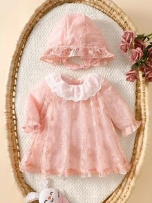 SHEIN New Born Baby Girl Spring & Autumn New Arrival, Floral Lapel Ruffle Hem Lace Princess Dress + Matching Lace Trim Hat - Pink - View 3