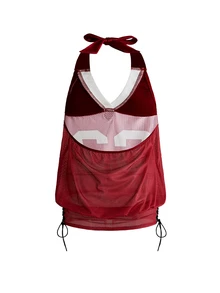 ROMWE Street Life Women's Spring/Summer Sporty Street Style Digital Print Drawstring Design Contrast Color Halter Tank Top - Burgundy - View 2