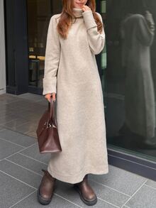 FRIFUL Women's Solid Color High Neck Long Sleeve Casual Knit Dress - Apricot - View 3