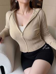 REIGN AVE Solid Color Fitted Long Sleeve Hooded Zip-Up Cardigan Sweater Jacket For Spring And Autumn - Khaki - View 2