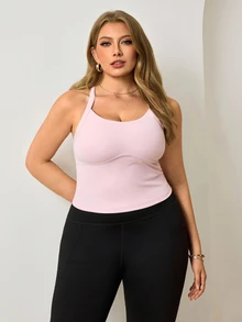 Easithlete Women's Plus Size Solid Color Casual Kawaii Versatile Daily Wear Sports Halter Neck T-Shirt Gym Light Pink Summer - Pink - View 6