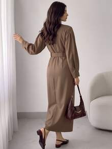 Solavon Women's Solid Color Long Sleeve Zipper Front Casual Long Dress - Coffee Brown - View 3