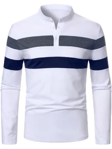 Calvornis Fashion Contrast Color Striped Long Sleeve Men's Polo Shirt - Multicolor - View 5