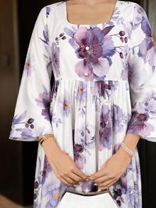 Yasmyna Women's Floral Print Square Neck Bell Sleeve Elegant Arabian Dress - Multicolor - View 4