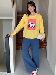 Dazy Plus Set Piyama Baru Musim Semi/Gugur dengan Atasan Longgar dan Celana Panjang Motif Kartun - Kuning - View 7
