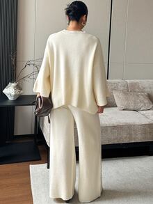Dazy Plus Spring/Summer Loose Fit Shirt Top & Wide Leg Flowy Pants White Set Plus Size Women Spring/Summer/Autumn New 2 Pieces Outfit - Apricot - View 2