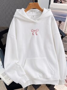 SHEIN 青少年女孩蝴蝶結刺繡口袋連帽時尚運動衫 - 白色 - 查看 1