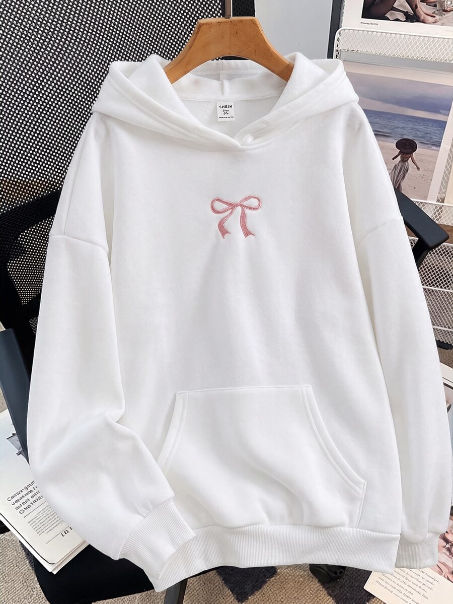 SHEIN 青少年女孩蝴蝶結刺繡口袋連帽時尚運動衫 - 白色 - 查看 1