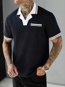 Manfinity CasualCool 男士夏季休閒拼色拼接 Polo 衫 - 藏蓝色 - 查看 3