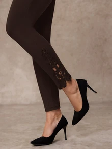Amorya Women's Lace Trim High Elasticity Elegant Casual Leggings Formal Work Brunch Formal Everyday Formal Everyday Dark Brown Winter - Coffee Brown - View 8