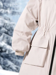 SHEIN 女童新款秋冬羽絨外套，冬季人造毛領大口袋連帽收腰簡約時尚中長版鋪棉大衣 - 杏色 - 查看 7