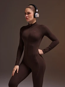 Powerista Women's Long Sleeve Long Leg Tight Jumpsuit - Rust Brown - View 3