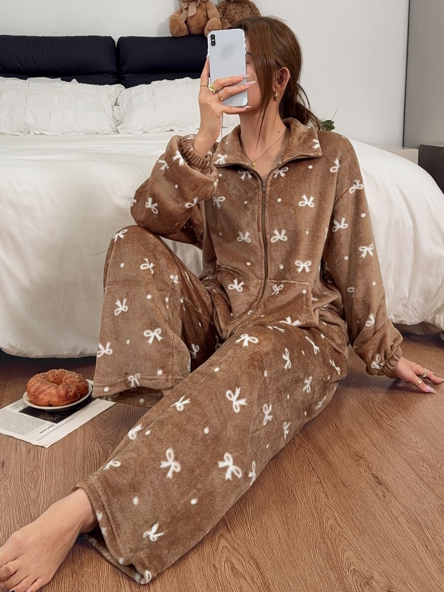 Napfluff Autumn/Winter Plush Stand Collar Zipper Cardigan With Double Pockets And Bow Print Long Sleeve Long Pants Women's Pajama Set - Brown - View 1