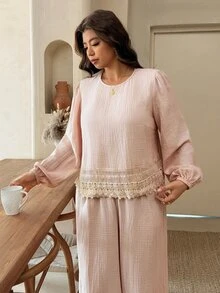 Lounesse Plus Size Women Lace Patchwork Vacation Brunch Travel Formal Casual Top Pants Boho 2 Pieces Set Fall Elegant Dusty Pink - Khaki - View 2