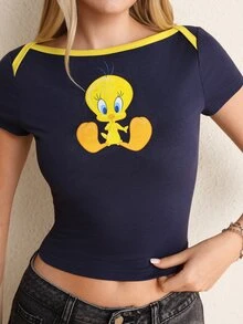 LOONEY TUNES X SHEIN 女款船領短袖修身T恤 - 藏蓝色 - 查看 3