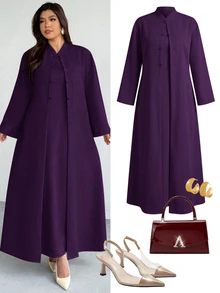 Firerie Set 2 Potong Jubah Panjang dan Gaun Kasual Warna Polos untuk Wanita Ukuran Besar - Purple - View 2