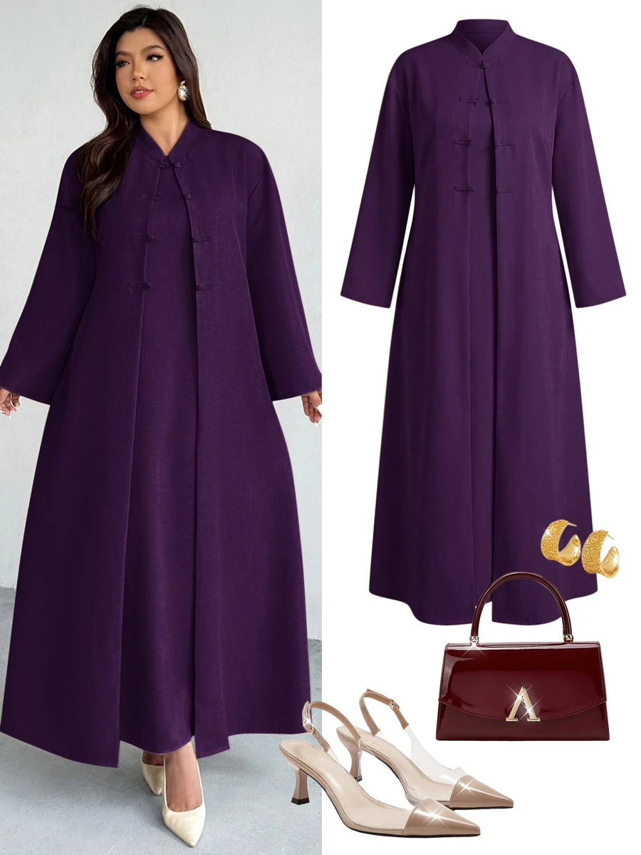 Firerie Set 2 Potong Jubah Panjang dan Gaun Kasual Warna Polos untuk Wanita Ukuran Besar