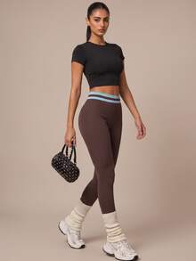 SHEIN BAE Women Brown Stripe Seamless High Waist Leggings Tummy Control Gym Workout Training Running Yoga Athletic Pants - Coffee Brown - View 5