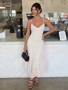 Firerie Women's Summer Elegant Polka Dot Print Spaghetti Strap Dress - White - View 4