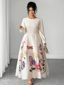 Elenzga Gaun Pesta Kasual Lipit Motif Bunga untuk Wanita Ukuran Plus - MultiWarna - View 6