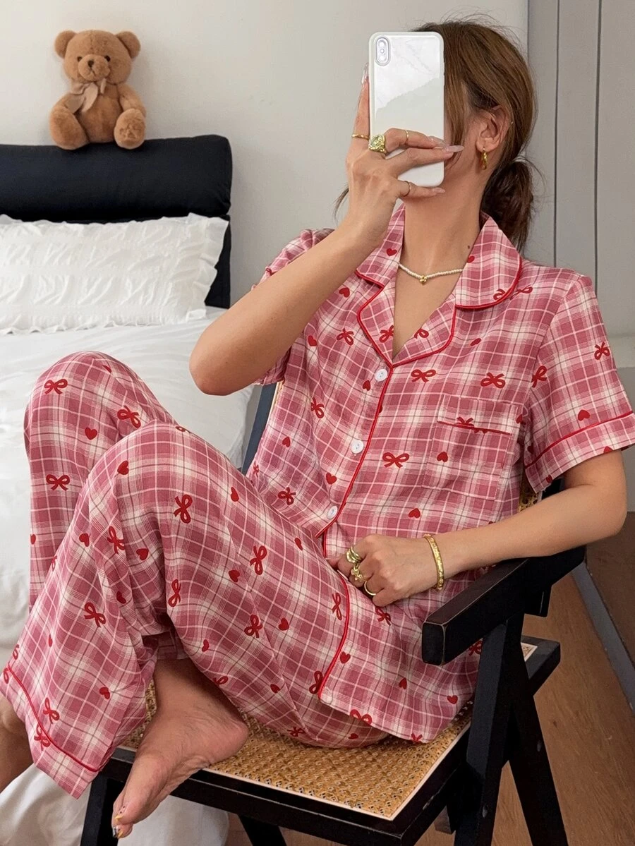 Napfluff Plaid Collar Pajama Set, Red Heart & Bow Print Short Sleeve Top + Long Pants Comfortable Home Wear 2 Pieces Set - Red - View 1