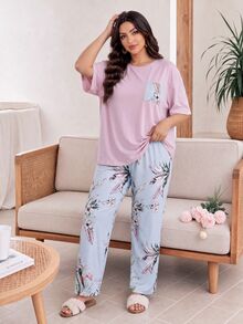 Serenescape Casual Floral Print Patch Pocket Short Sleeve Long Pants Plus Size Pajama Set - Multicolor - View 3