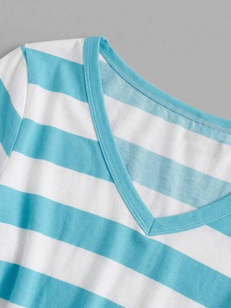 Attitoon 95% Cotton Women's Casual V-Neck Fitted Long Sleeve T-Shirt, Striped T-Shirt, Mint Blue, Women's Autumn Clothing, Winter Clothing, 2026 Autumn/Winter, Casual, Y2K, Women's Commute Outfit, Basic, Cowgirl, Vintage, Back To School, Outing, School, 2000s Clothing - Multicolor - View 6