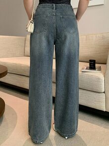 Dazy Plus Shiny Rhinestone Vintage Straight Leg Casual Pants Street Outdoor Loose Spring Autumn New Denim Jeans - Medium Wash - View 2