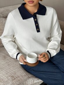 Livesso Contrast Color Patchwork Polo Collar Fun Commuter Business Casual Spring Autumn New Sweater Top - Beige - View 7