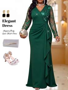 Fleurora Plus Size Elegant Party Sequin Patchwork Dress Fall Sparkly Dress Ruffle Dress  Green Dress Wedding Guest Party Dress - Green - View 6