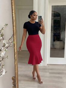 SHEIN Lady CURVE 大尺碼優雅通勤純色魚尾裙 - 紅色 - 查看 4